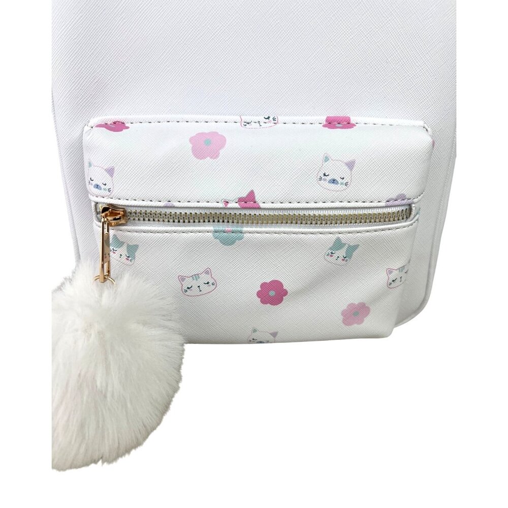 Under One Sky Decorative White Backpack Cute Cat & Flower Print Pom Pom Accent - Picture 5 of 11